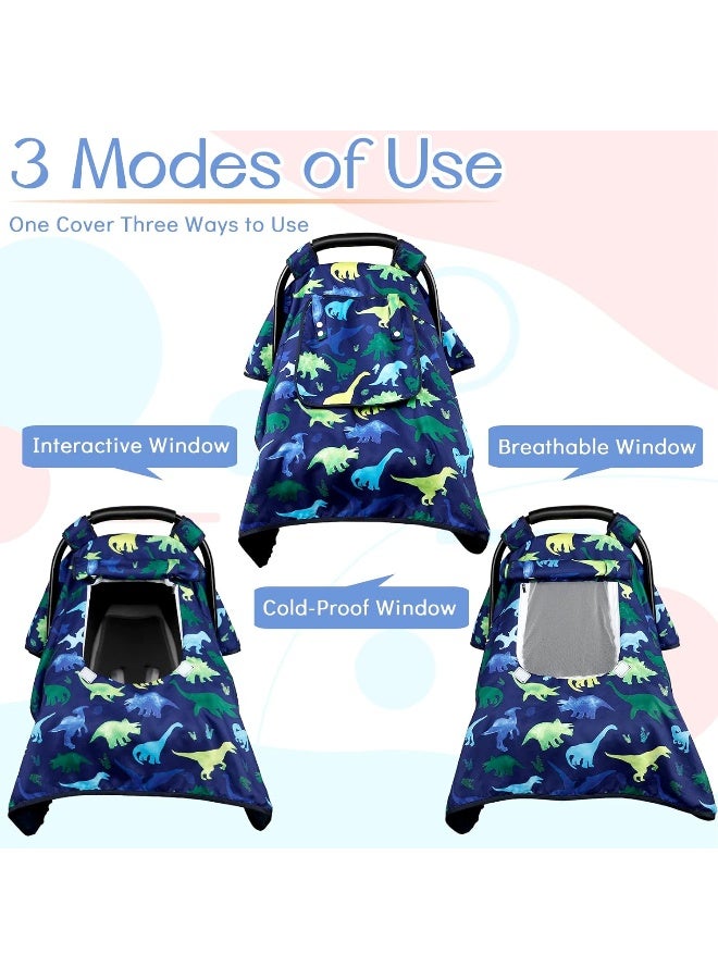 TANOFAR Carseat Cover Boy, Winter Baby Carseat Seat Cover, Carseat Canopy Cozy & Warm Cover with Peep Windows, Blue Dinosaur Stuff - Image 2