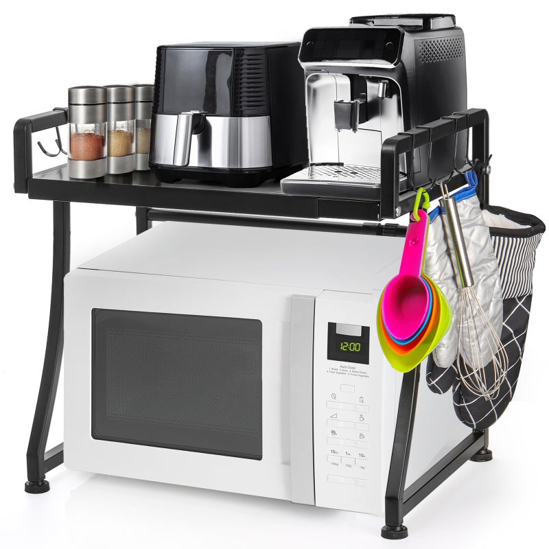 DEAYOU Extendable Microwave Oven Rack, 2-Tier Toaster Stand Utensils Storage with 8 Hooks, Adjustable Kitchen Countertop Organizer Shelf for Air Fryer, Rice Cooker, Spice, 110lbs Weight Capacity - Image 1