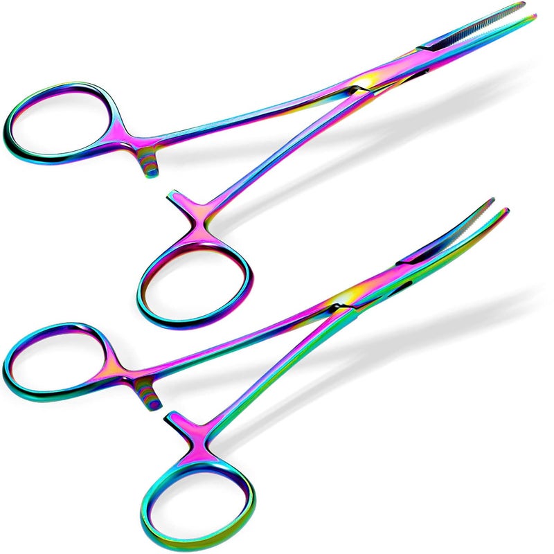 BBTO Hemostat Curved and Straight Hemostat Forceps Piercing Pliers Forceps, Stainless Steel Straight and Curved Pliers, Fishing Tweezer(Colorful,2 Pcs) - Image 1