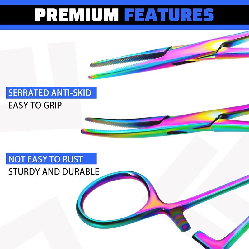 BBTO Hemostat Curved and Straight Hemostat Forceps Piercing Pliers Forceps, Stainless Steel Straight and Curved Pliers, Fishing Tweezer(Colorful,2 Pcs) - Image 5