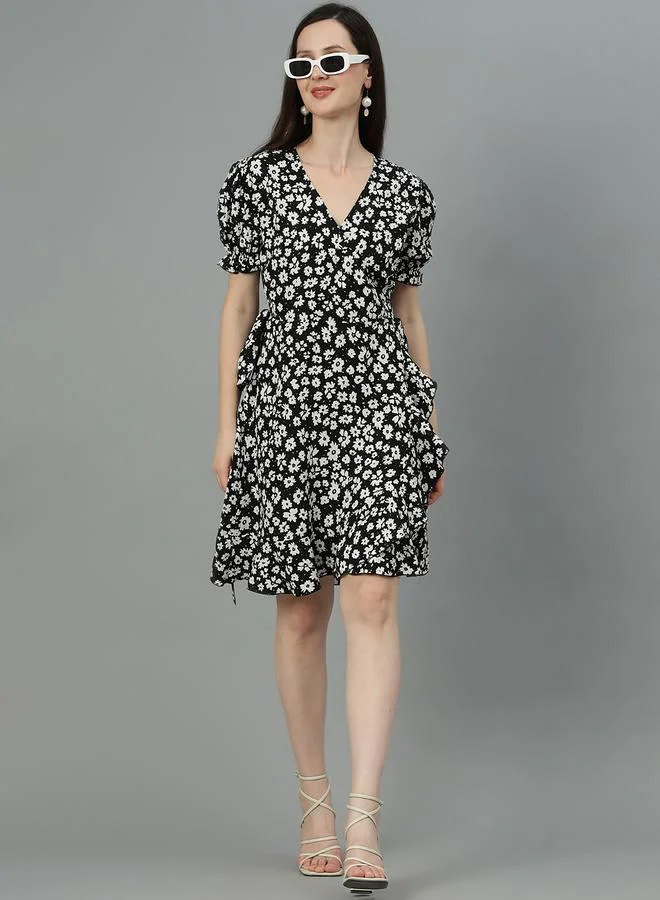 Kotty Floral Print V Neck A-Line Mini Dress by Styli