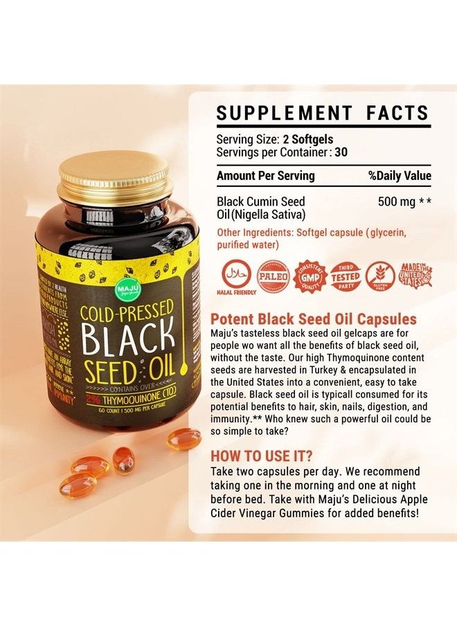 Maju Superfoods MAJU's Black Seed Oil Capsules - Cold Pressed, 2% Thymoquinone, 100% Turkish Black Cumin Nigella Sativa Seed Oil, 100% Liquid Pure Blackseed Oil 60 Count, 500mg per Capsule  - Image 5