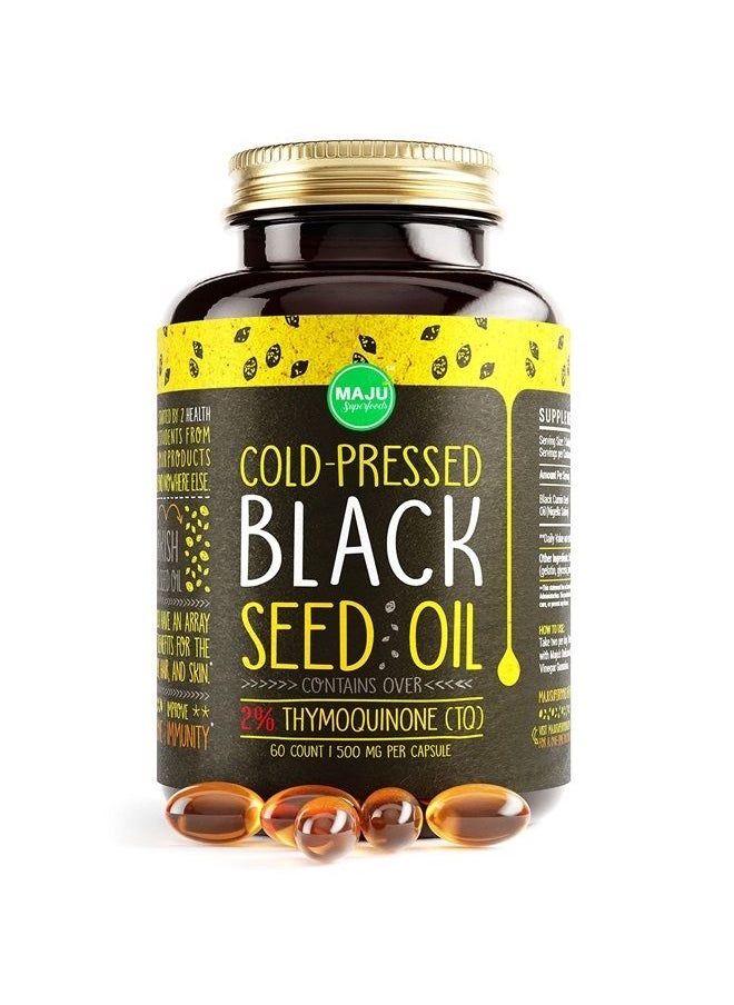 Maju Superfoods MAJU's Black Seed Oil Capsules - Cold Pressed, 2% Thymoquinone, 100% Turkish Black Cumin Nigella Sativa Seed Oil, 100% Liquid Pure Blackseed Oil 60 Count, 500mg per Capsule  - Image 1