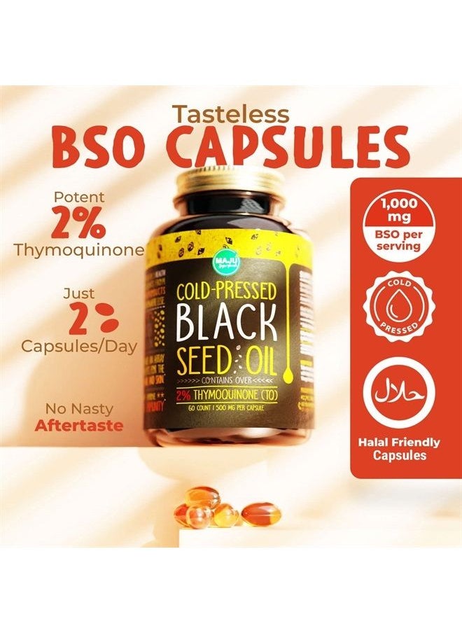 Maju Superfoods MAJU's Black Seed Oil Capsules - Cold Pressed, 2% Thymoquinone, 100% Turkish Black Cumin Nigella Sativa Seed Oil, 100% Liquid Pure Blackseed Oil 60 Count, 500mg per Capsule  - Image 3
