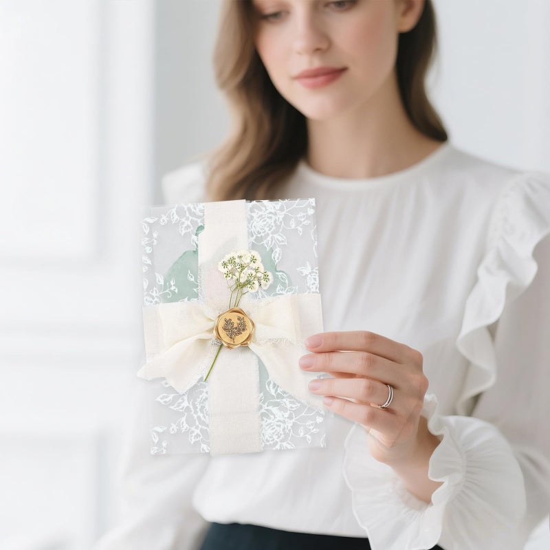 Dadoudou Wedding Invitation Accessories Kit, Pre-Folded Vellum Jackets for 5Ã—7 Invitations with Wax Seal Stickers, Ribbon & Dried Flowers, Elegant Wedding Invitation Accessories for DIY Bridal Invites (White-Rose, 50) - Image 5