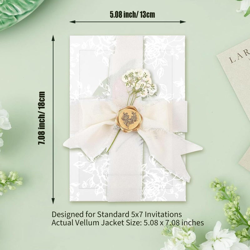 Dadoudou Wedding Invitation Accessories Kit, Pre-Folded Vellum Jackets for 5Ã—7 Invitations with Wax Seal Stickers, Ribbon & Dried Flowers, Elegant Wedding Invitation Accessories for DIY Bridal Invites (White-Rose, 50) - Image 3