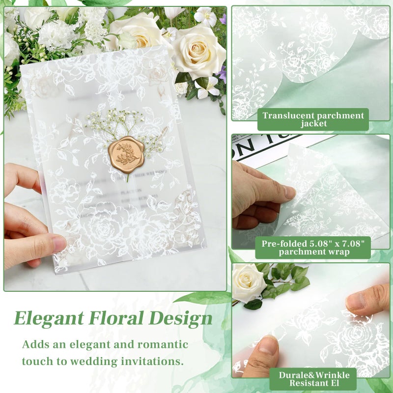 Dadoudou Wedding Invitation Accessories Kit, Pre-Folded Vellum Jackets for 5Ã—7 Invitations with Wax Seal Stickers, Ribbon & Dried Flowers, Elegant Wedding Invitation Accessories for DIY Bridal Invites (White-Rose, 50) - Image 4