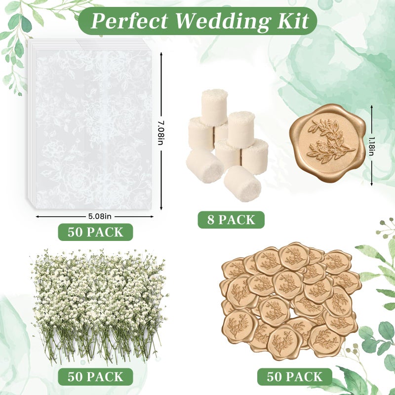 Dadoudou Wedding Invitation Accessories Kit, Pre-Folded Vellum Jackets for 5Ã—7 Invitations with Wax Seal Stickers, Ribbon & Dried Flowers, Elegant Wedding Invitation Accessories for DIY Bridal Invites (White-Rose, 50) - Image 2