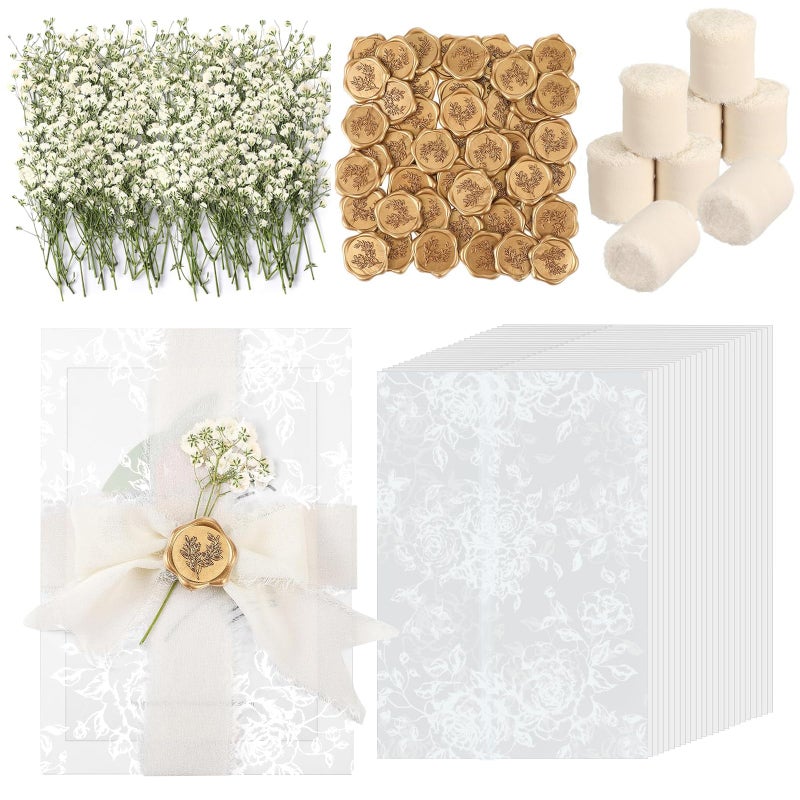 Dadoudou Wedding Invitation Accessories Kit, Pre-Folded Vellum Jackets for 5Ã—7 Invitations with Wax Seal Stickers, Ribbon & Dried Flowers, Elegant Wedding Invitation Accessories for DIY Bridal Invites (White-Rose, 50) - Image 1