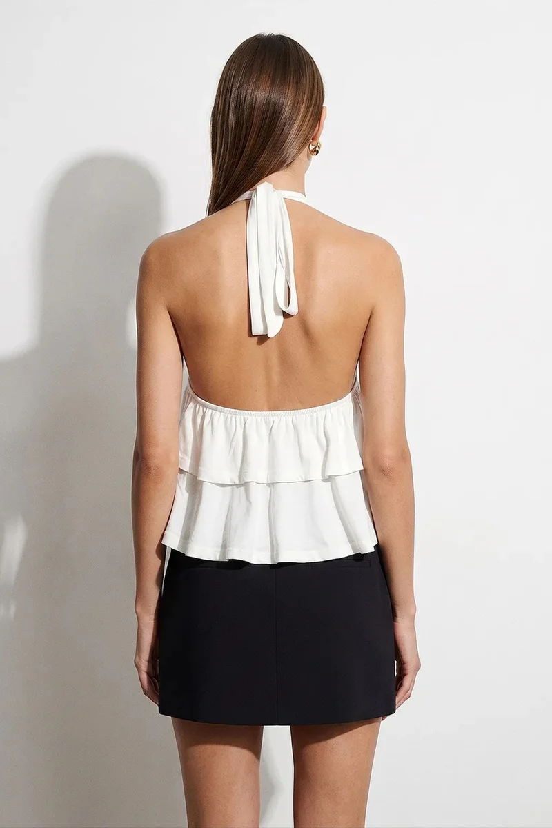 ديلفين DILVIN Halterneck Poplin Blouse With Ruffle Detail