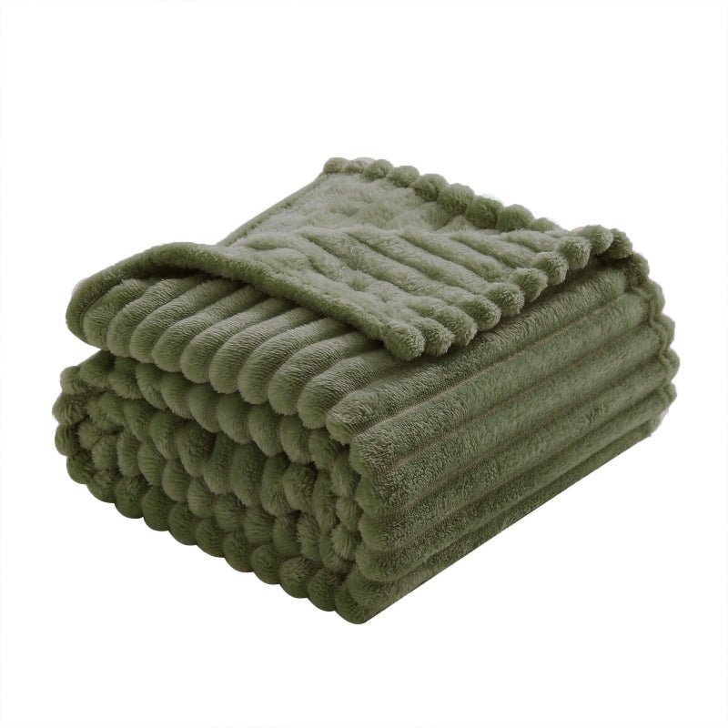 Linecooo Olive Green Fleece Throw Blanket 50â€Ã—60â€ for Couch Sofa Bed,Super Soft Cozy Plush Microfiber Flannel Blanket with Stripes Design Lightweight for Adults,Woman,Girls - Image 5
