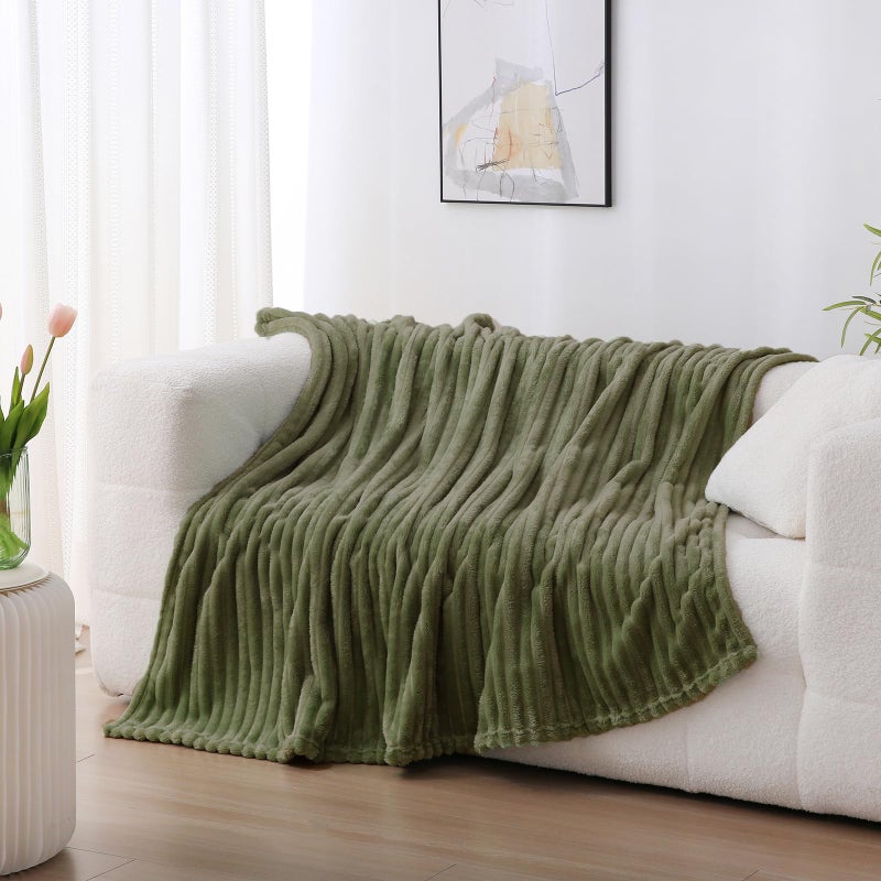 Linecooo Olive Green Fleece Throw Blanket 50â€Ã—60â€ for Couch Sofa Bed,Super Soft Cozy Plush Microfiber Flannel Blanket with Stripes Design Lightweight for Adults,Woman,Girls - Image 2