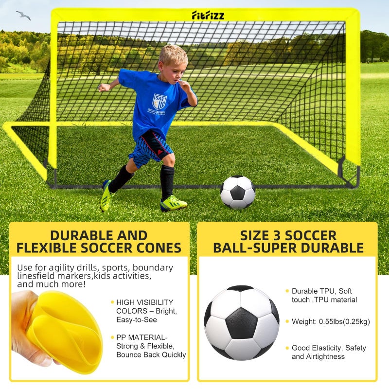 FITFIZZ هدف كرة القدم، أهداف كرة القدم للفناء الخلفي، شبكة كرة قدم قابلة للطي 6x4 قدم، معدات تدريب كرة القدم مع كرة القدم، سلم وأقماع (أصفر) - Image 3