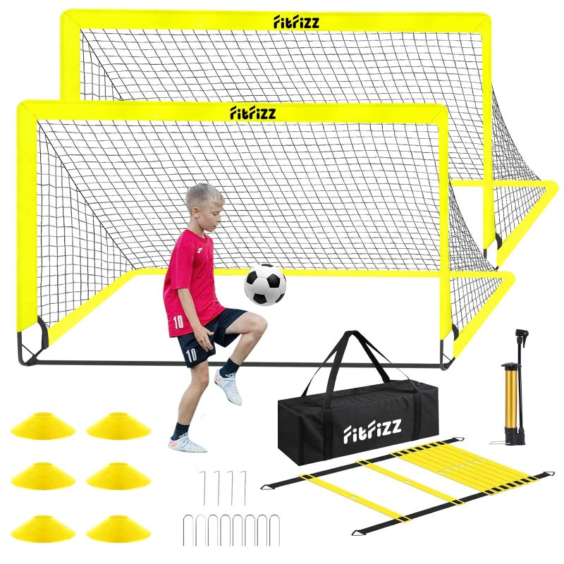 FITFIZZ هدف كرة القدم، أهداف كرة القدم للفناء الخلفي، شبكة كرة قدم قابلة للطي 6x4 قدم، معدات تدريب كرة القدم مع كرة القدم، سلم وأقماع (أصفر) - Image 1
