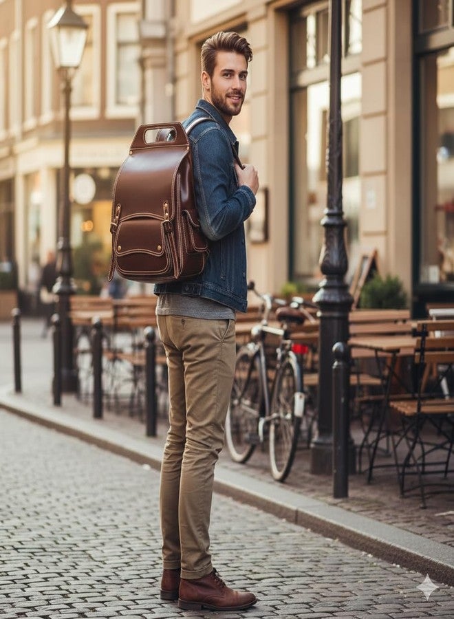 Celtic Handcrafted Full-Grain Leather Vintage Backpack with Adjustable Straps - Unisex Travel & Outdoor Bag - Image 3