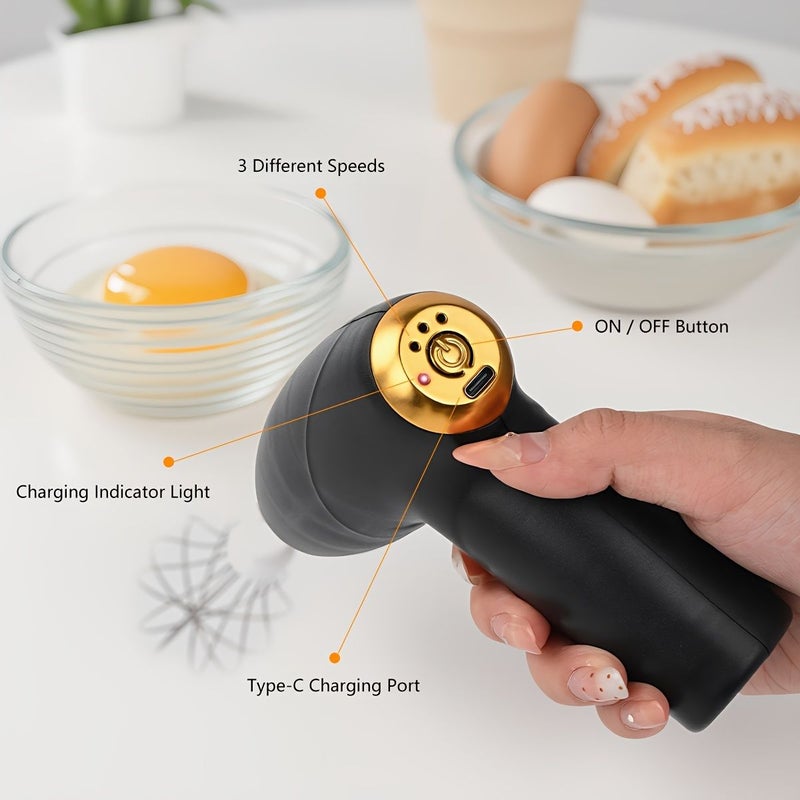 Black Electric Egg Beater USB Rechargeable 2 Mixing Heads 3 Speed Lightweight Compact Cordless Mixer Whisking Baking Cream Eggs Smoothies Home Kitchen Cake Decorating - Image 4