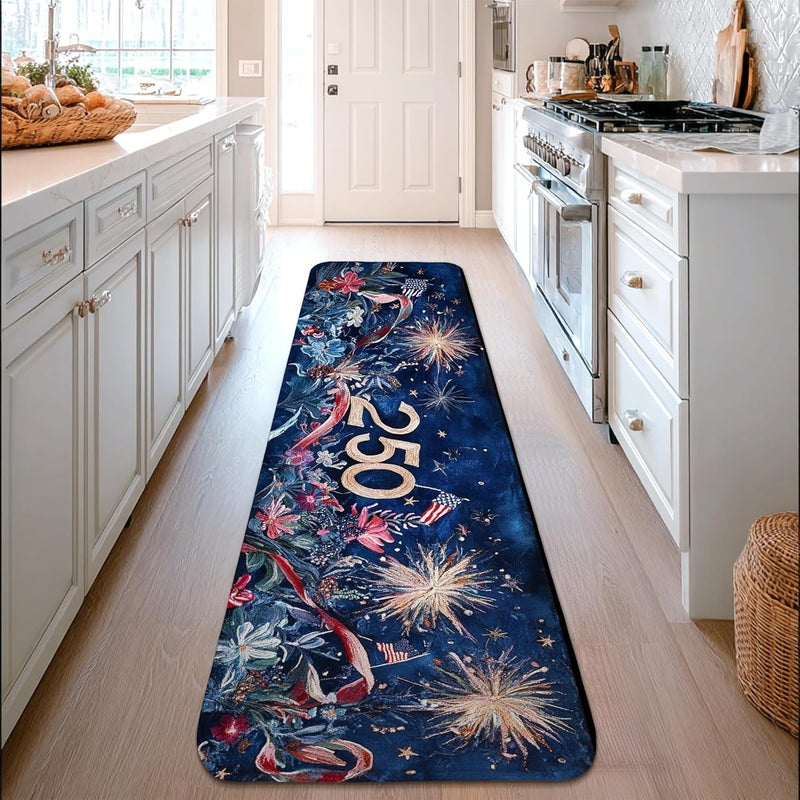 Fireworks Runner Rug, Celebratory Festive Flowers Ribbons Fourth of July Navy Blue Non-Slip Indoor Rectangle Carpet Non Shedding for Kitchen Entryway Bedside Doorway Hallway Decor 2x8 Ft - Image 3