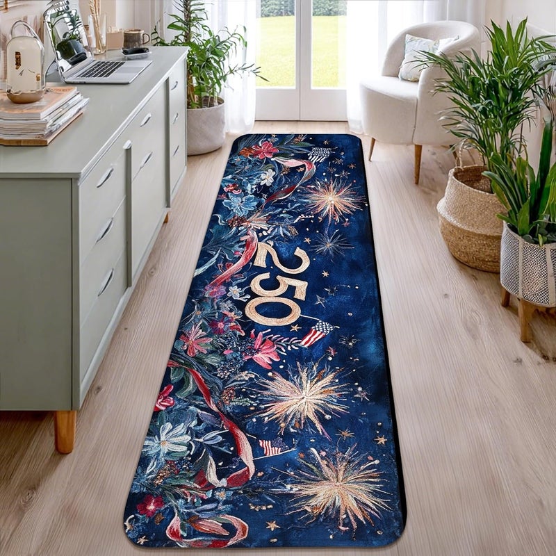 Fireworks Runner Rug, Celebratory Festive Flowers Ribbons Fourth of July Navy Blue Non-Slip Indoor Rectangle Carpet Non Shedding for Kitchen Entryway Bedside Doorway Hallway Decor 2x8 Ft - Image 4