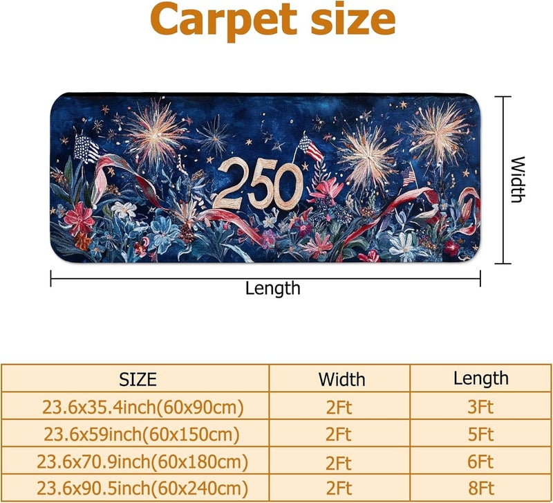 Fireworks Runner Rug, Celebratory Festive Flowers Ribbons Fourth of July Navy Blue Non-Slip Indoor Rectangle Carpet Non Shedding for Kitchen Entryway Bedside Doorway Hallway Decor 2x8 Ft - Image 2