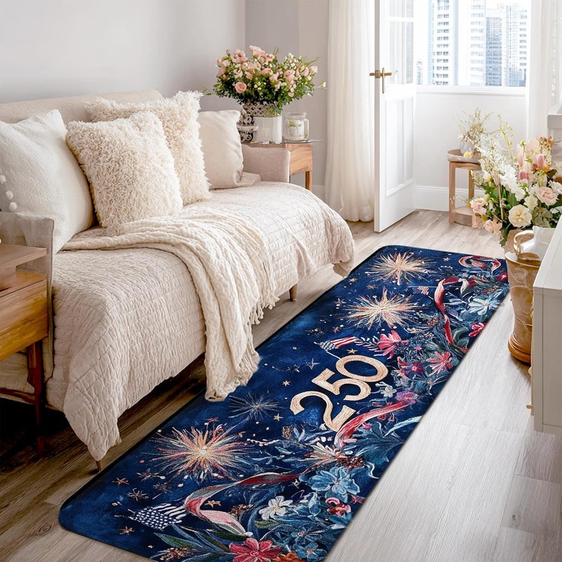 Fireworks Runner Rug, Celebratory Festive Flowers Ribbons Fourth of July Navy Blue Non-Slip Indoor Rectangle Carpet Non Shedding for Kitchen Entryway Bedside Doorway Hallway Decor 2x8 Ft - Image 1