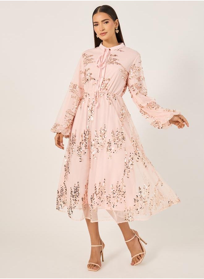 Styli Styli Sequin Embellished Balloon Sleeves A-Line Midi Dress  - Image 1