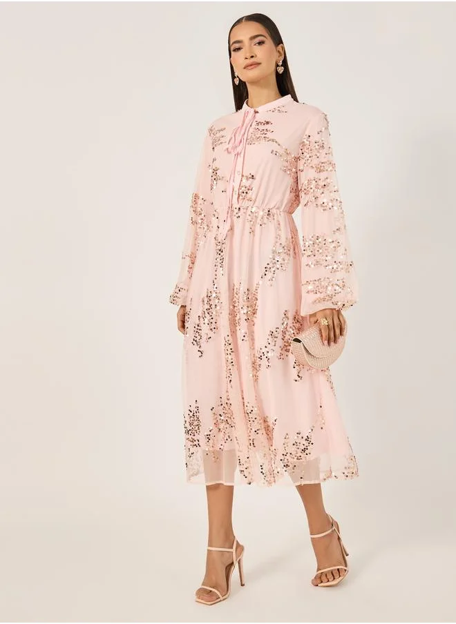 Styli Styli Sequin Embellished Balloon Sleeves A-Line Midi Dress