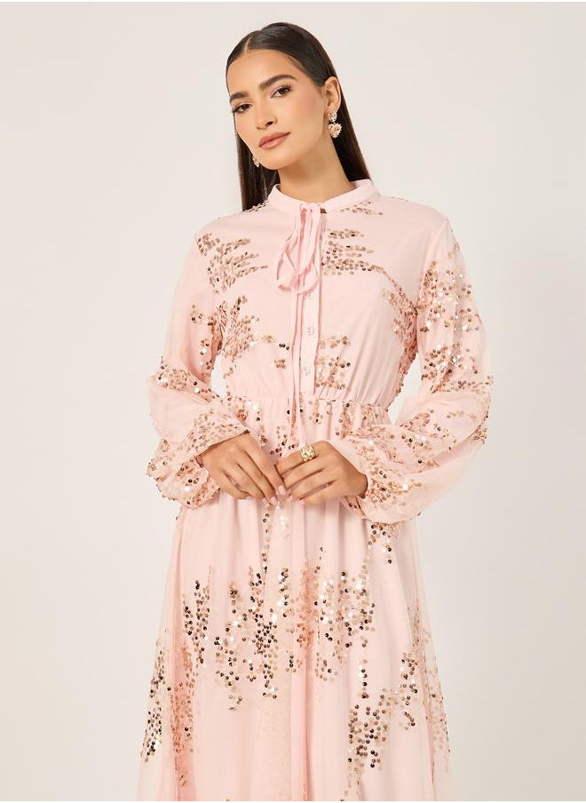 Styli Styli Sequin Embellished Balloon Sleeves A-Line Midi Dress  - Image 3