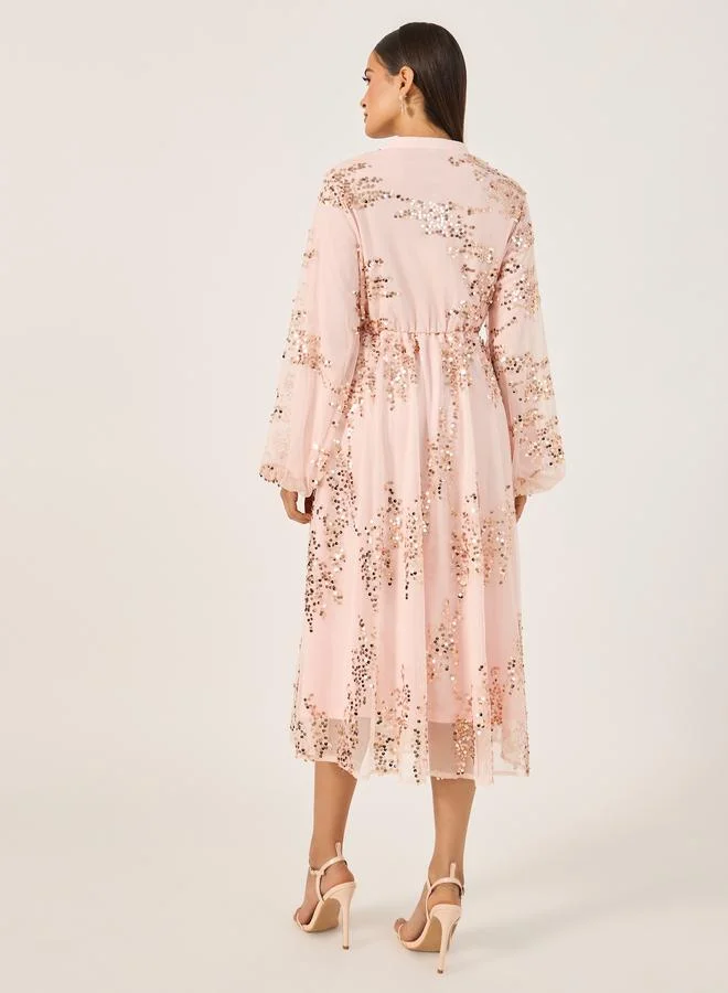 Styli Styli Sequin Embellished Balloon Sleeves A-Line Midi Dress
