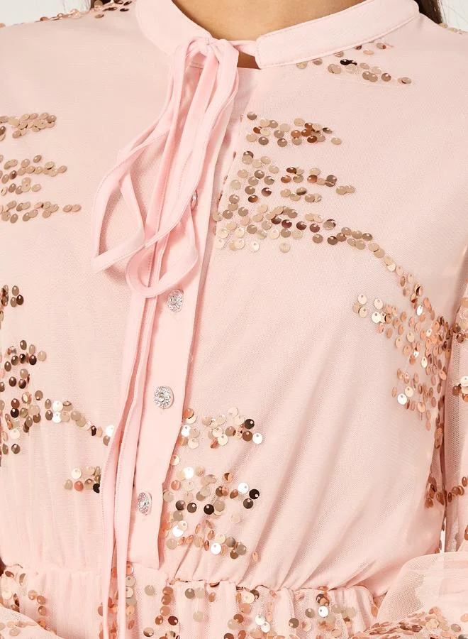 Styli Styli Sequin Embellished Balloon Sleeves A-Line Midi Dress