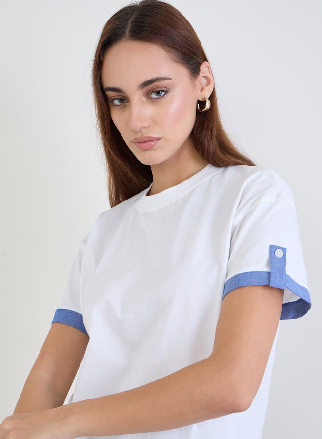 Styli White Cotton T-Shirt with Blue Cuff Detail - Image 4