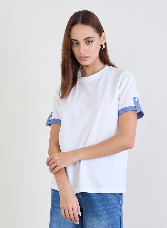 Styli White Cotton T-Shirt with Blue Cuff Detail - Image 3