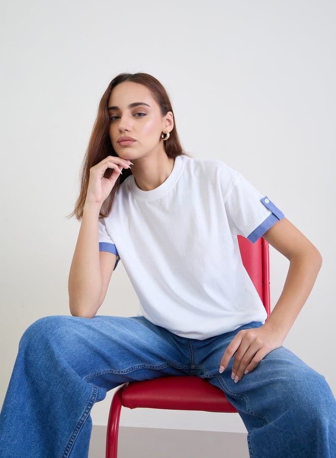 Styli White Cotton T-Shirt with Blue Cuff Detail - Image 1
