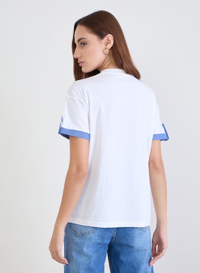 Styli White Cotton T-Shirt with Blue Cuff Detail - Image 5