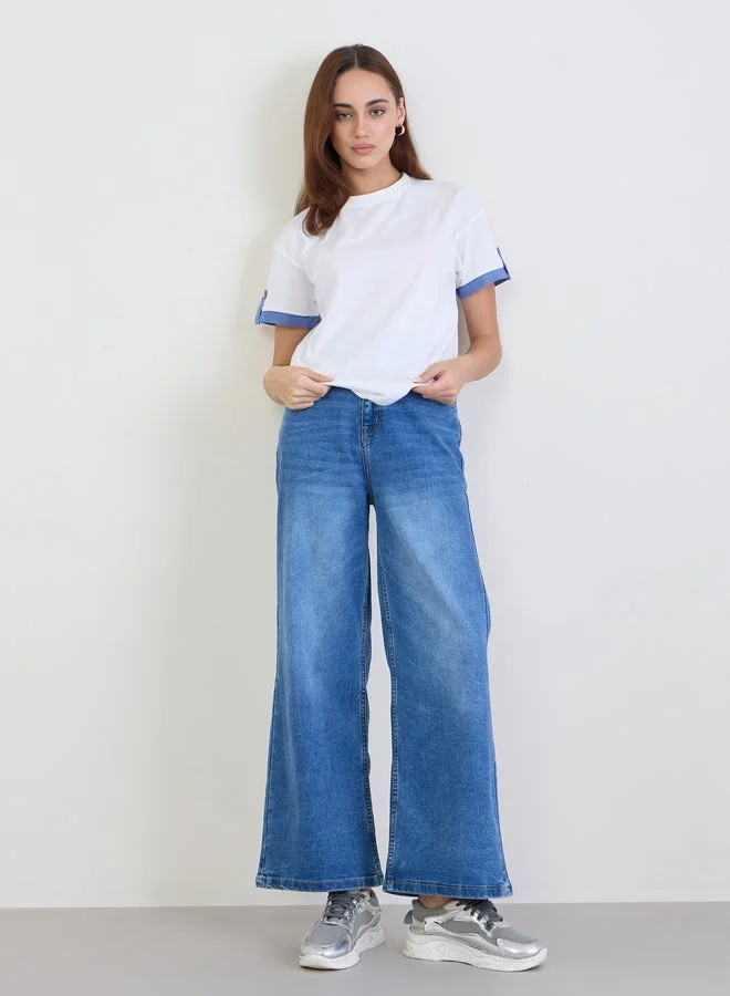 Styli  Styli White Cotton T-Shirt with Blue Cuff Detail for Women | Best Price UAE