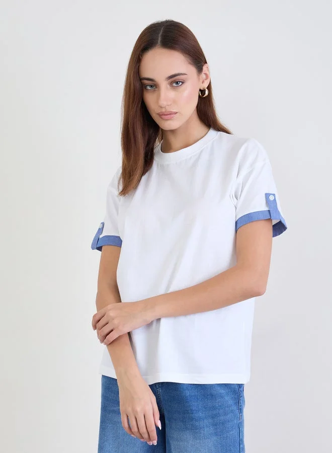 Styli White Cotton T-Shirt with Blue Cuff Detail