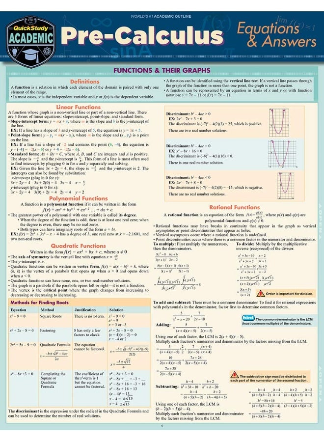 QuickStudy Pre-Calculus Equations & Answers: A Laminated Reference Guide