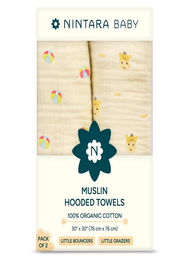 NINTARABABY Hooded Towel - 100% Organic Premium Muslin Cotton, 30" x 30" (76 cm x 76 cm), Ultra-Absorbent, Soft, Breathable, Hypoallergenic, Multipurpose, Gifts for Babies & Infants, Pack of 2 - Image 1