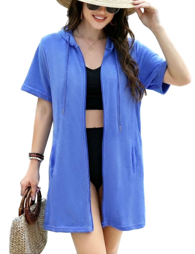 Gihuo Terry Cloth Swim Cover Up for Women Swimsuit Beach Bathing Swimwear Coverup Pool Towel Robe(Blue-XL) - Image 1