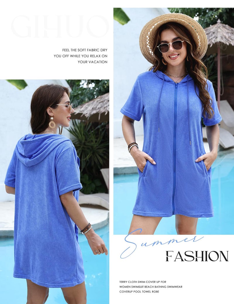 Gihuo Terry Cloth Swim Cover Up for Women Swimsuit Beach Bathing Swimwear Coverup Pool Towel Robe(Blue-XL) - Image 5