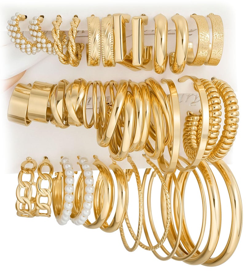 YEEZII Gold Hoop Earrings Set for Women, 18 Pairs Hypoallergenic Small Big Open Pearl Hoops Earring Multipack, Gold Huggie Hoop Earrings for Women Trendy Jewelry - Image 1