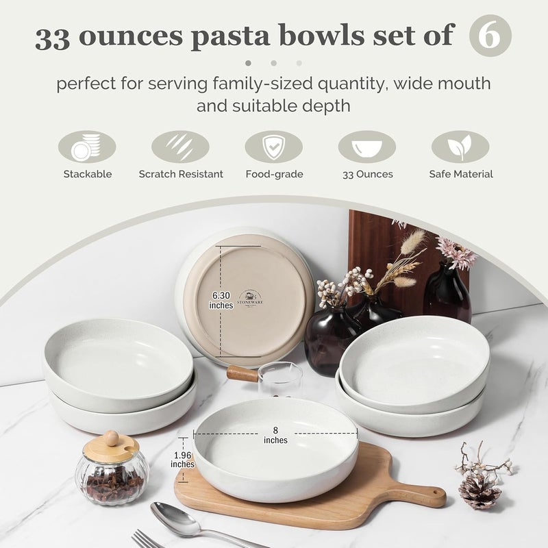 HaWare Pasta Bowls Set of 6 32oz Large Salad Bowls for Home Kitchen Ceramic Serving Plates for Soup Cereal Scratchresistant Wide and Shallow Dinner Bowl Microwave  Dishwasher Safe Milky White - Image 2