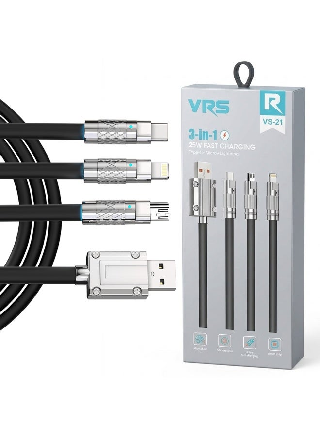 في أر أس كابل وصلة شحن سريعة متعددة Type-C + Micro + Lightning + USB بقدرة 120 واط، نقل بيانات 480 ميجابت في الثانية، طول 1.5 متر، سلك سيليكون سائل، متوافق مع أجهزة Android - Image 1