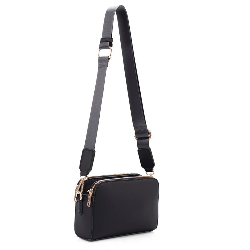 EVVE Crossbody Bags for Women Trendy Triple Zip Small Crossbody Camera Bag Purse with Wide Guitar Strap | Black - Image 1