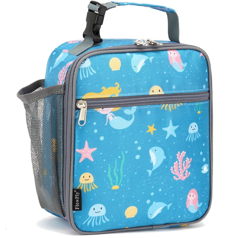 FlowFly Kids Lunch box Insulated Soft Bag Mini Cooler Back to School Thermal Meal Tote Kit for Girls Boys Mermaid