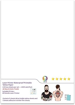 MR.R MRR Laser Printable Waterproof Water Transfer Temporary Tattoo Paper A4 210 x 297mm Pack of 5 Sets A B per Set - Image 2