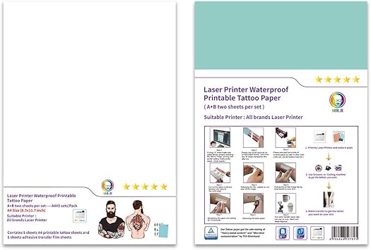MR.R MRR Laser Printable Waterproof Water Transfer Temporary Tattoo Paper A4 210 x 297mm Pack of 5 Sets A B per Set - Image 1