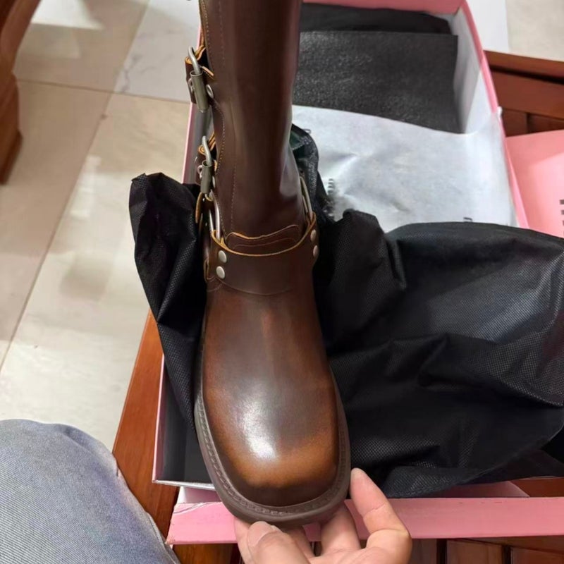 أحذية ميو ميو يي مينغ لينغ مو بحزام بني فوق الركبة، كعب دائري، طراز رعاة البقر الغربي - Image 4