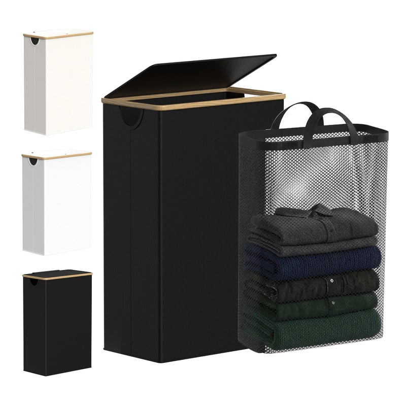 efluky Slim Laundry Basket with Lid, Narrow Laundry Hamper with Removable Bag, Skinny Dirty Clothes Basket with Bamboo Handles for Bathroom, Bedroom & Laundry Room, 75L Black - Image 1