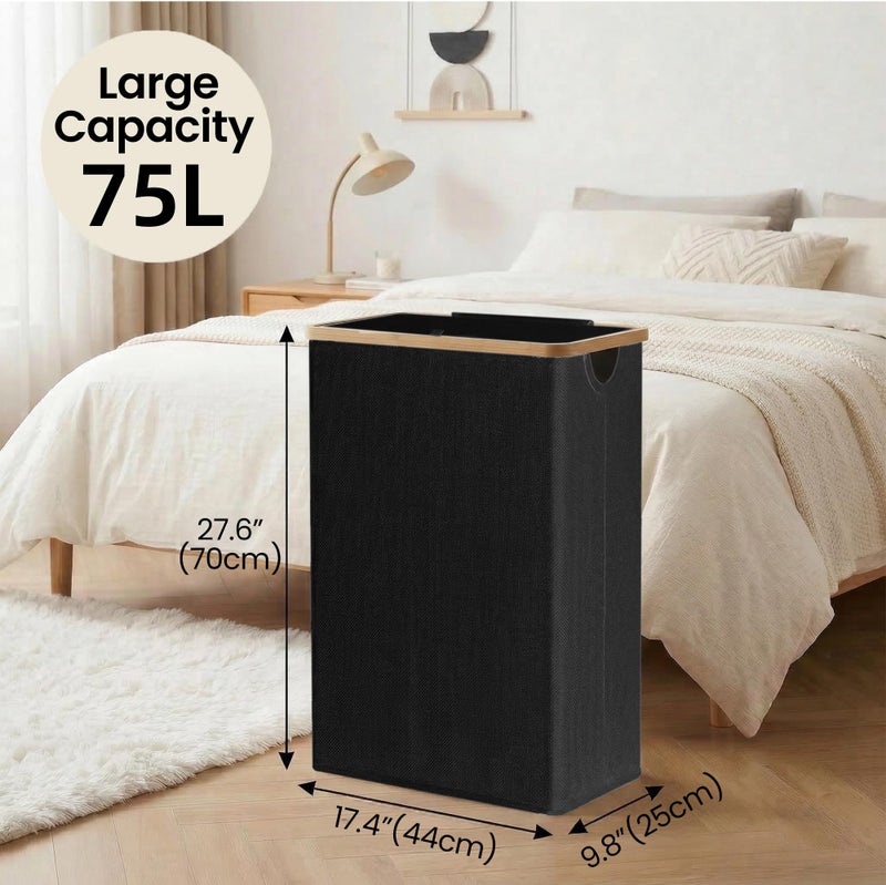 efluky Slim Laundry Basket with Lid, Narrow Laundry Hamper with Removable Bag, Skinny Dirty Clothes Basket with Bamboo Handles for Bathroom, Bedroom & Laundry Room, 75L Black - Image 3