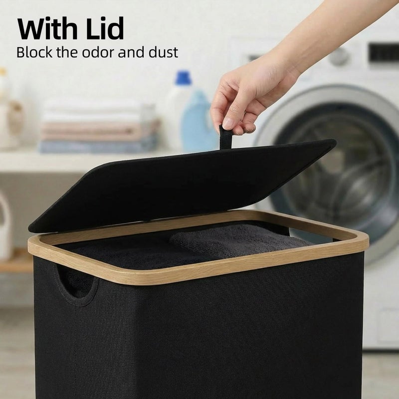 efluky Slim Laundry Basket with Lid, Narrow Laundry Hamper with Removable Bag, Skinny Dirty Clothes Basket with Bamboo Handles for Bathroom, Bedroom & Laundry Room, 75L Black - Image 5